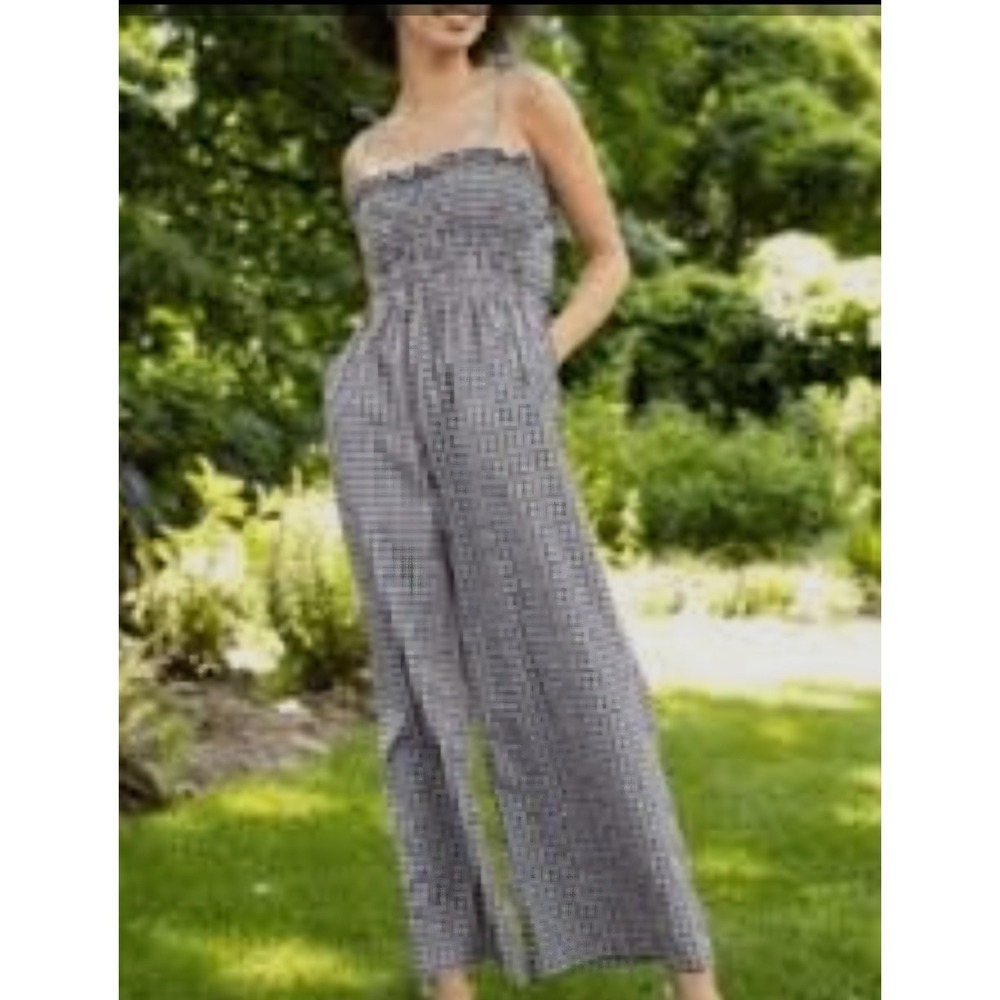 Black & White Gingham Checked Smocked Top Jumpsuit Size XS - Picture 2 of 8